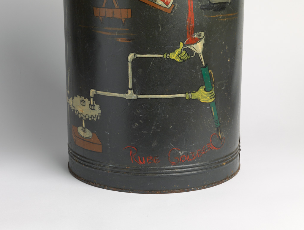 RUBE GOLDBERG. Metal can with original whimsical painting of mousetrap.